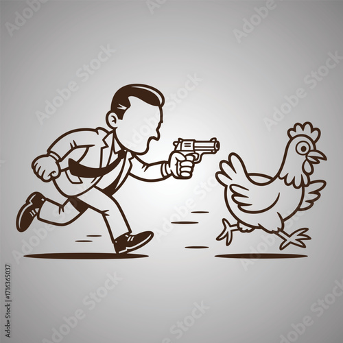 Man in suit chasing a chicken with a gun cartoon pistol