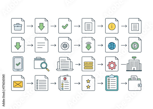 Workflow Process Management with Document Icons Representing Data Transfer and Tasks in a Business Setting