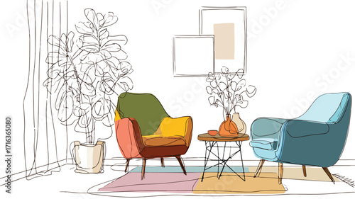Elegant Continuous Line Art Home Furnishing Decor Illustration