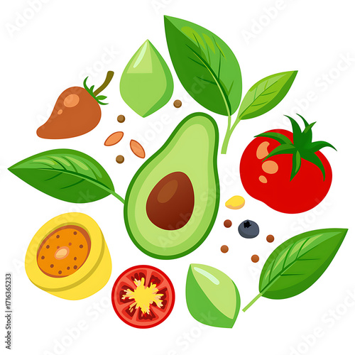 Wallpaper Mural Freshly Cut Avocado, Ripe Tomatoes, Basil Leaves, and Spices on White Surface, Ai Generated Torontodigital.ca