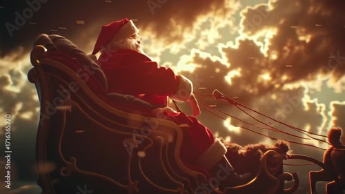 Santa Flying on Sleigh with Reindeer Across a Magical Starry Night Sky, Generative AI
