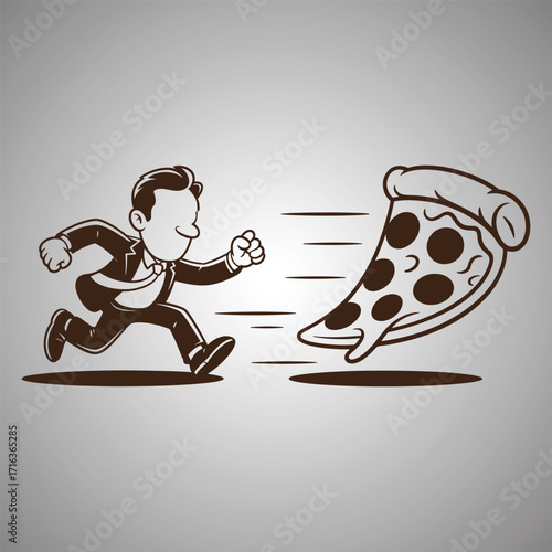 Cartoon man in suit chasing a slice of pepperoni pizza with speed lines running