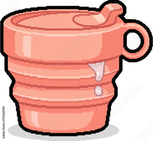 Pixel art illustration of a peach-colored, collapsible cup with a handle and a small drip of liquid.