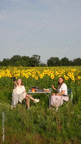 Two female friends taking selfie video at picnic table in blooming sunflower field during summer day sharing happy moment together. Concept of social media content creation and friendship memories.