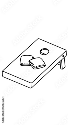 Cornhole Game Illustration Line Art with Toss Bags and Board