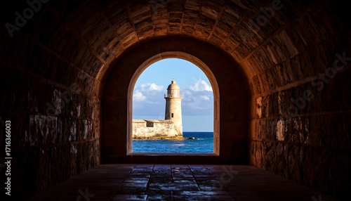 Tunnel view of a lighthouse