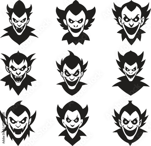 Collection of spooky vampire clown face icons