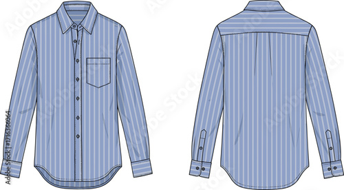 Long sleeve striped dress shirt front and back view, button up formal shirt illustration, fashion technical drawing, garment design template, apparel flat sketch, clothing vector