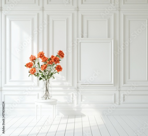 Orange Roses in a Minimalist White Interior with Elegant Design