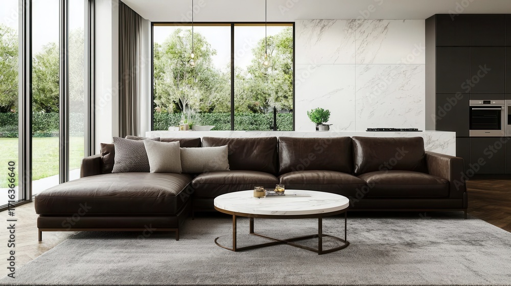 Obraz premium Modern Living Room Interior with Brown Leather Sofa and Large Windows