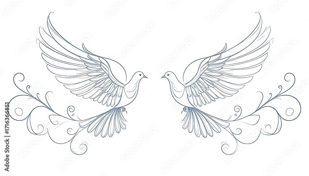 Obraz premium Two doves in flight, stylized with decorative swirls