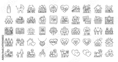 Diverse collection of family themed outline icons representing family activities and relationships