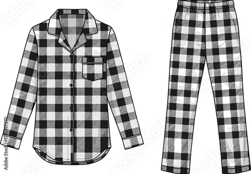 Blue and black checkered pajama set, long sleeve button up shirt with collar and chest pocket, matching pants with waistband, casual sleepwear clothing fashion design