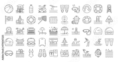 Black and white line drawing of swimming pool and beach elements
