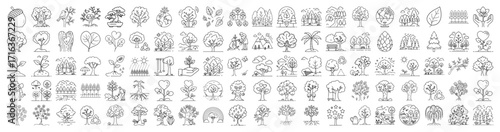 Assorted Outline Illustrations of Trees, Plants and Nature Elements, Line Art Collection