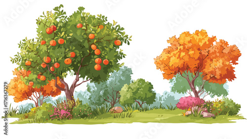 Vibrant Summer Autumn Garden Scene Ripe Fruits Bright Colors
