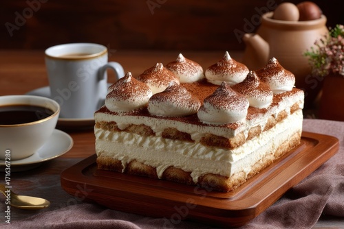 Tiramisu cake on wooden tray with coffee cups