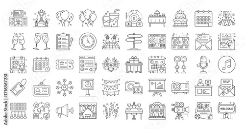 Various event planning and management related icon set in line style