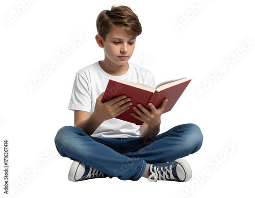 Young Boy Sitting Cross-Legged Reading a Book, Transparent Background