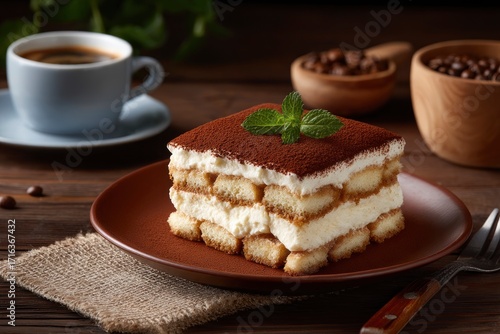 Tiramisu slice topped with mint on a plate cup of coffee coffee beans on a wooden table