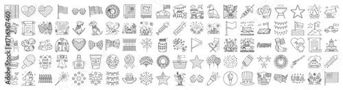 Outline Icons Illustrating the 4th of July and Independence Day Celebrations