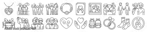 Line art illustration depicting different types of relationships and friendships and icons