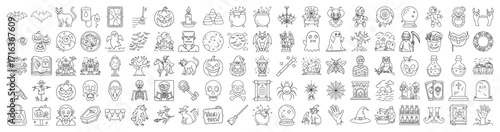 Collection of Halloween related outline drawings and icons, suitable for coloring