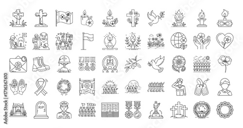 Collection of various line art illustrations commemorating remembrance day and fallen soldiers