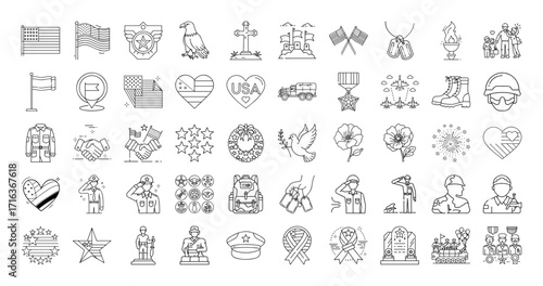 Line Art Icons Depicting Memorial Day, Veterans Day, and Patriotic Symbols