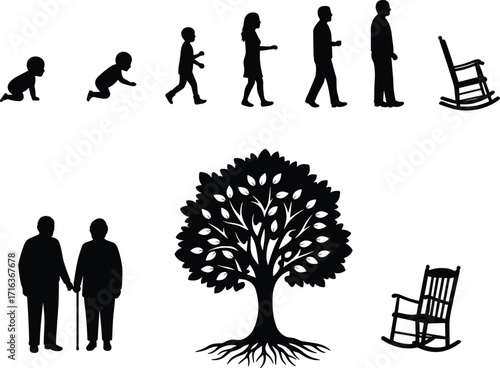 Human life stages, silhouette evolution, aging process, growth journey, family bond, tree of life, childhood to elderly, emotional concept  life stages, silhouette evolution, aging process, gr