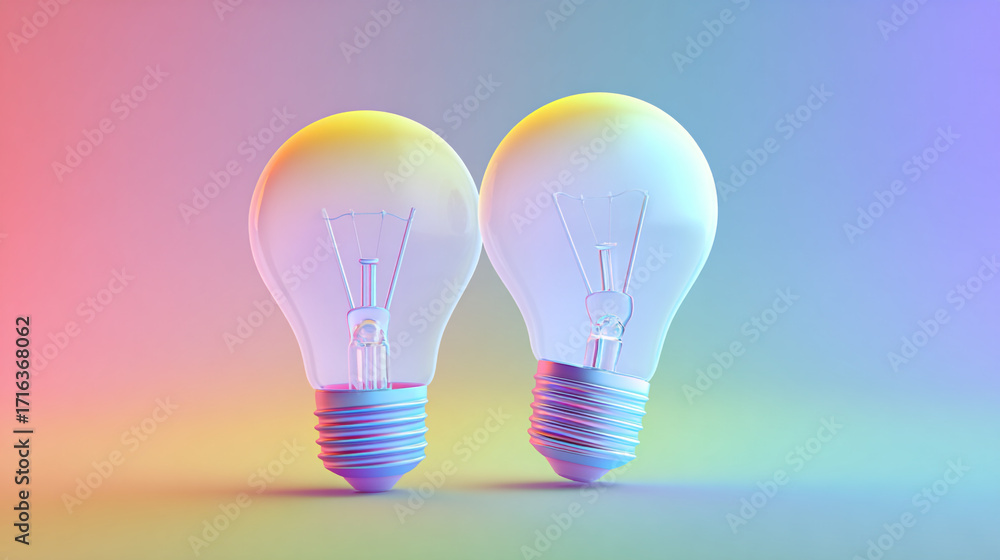 Fototapeta premium Two lightbulbs glowing brightly against a pastel background symbolizing ideas innovation and creativity
