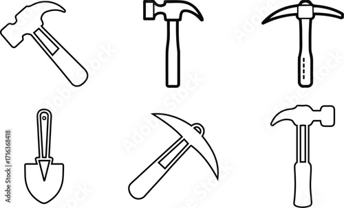 Hammer and construction Tool line icon set.