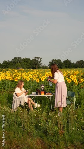 Time-lapse of coffee brewing process on portable gas burner during picnic in sunflower field with two women enjoying outdoor meal preparation. Concept of slow living and nature camping rituals.