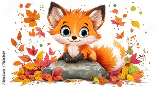 Cute cartoon fox autumn leaves