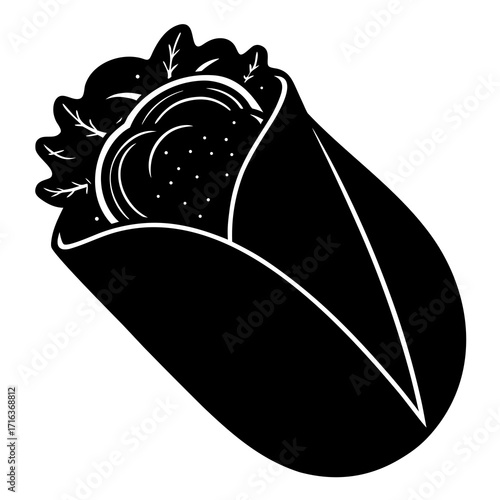 Black and white graphic of a wrapped sandwich with lettuce