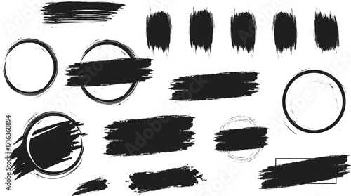 Mega bundle of different ink brush strokes:rectangle,square and round freehand drawings.Ink splatters,grungy painted lines,artistic design elements:waves,circles,triangles.