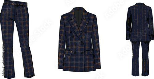 Tailored pants, checkered blazer front, blazer back view, fashion technical drawing, garment illustration, menswear outfit design, clothing pattern, apparel sketch, textile fashion presentation,
