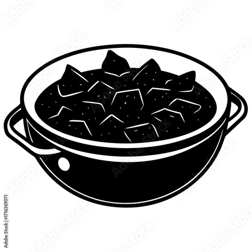 Black and white illustration of a bowl of stew food