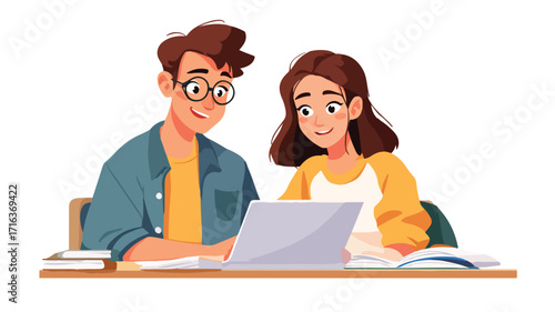Group of Young Friends Studying Together with Laptop in School Setting