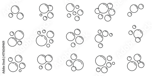 Foam bubble symbol. Sparkling water vector illustration. Fizzy soda drops sign. Oxygen sphere pictogram. Clean wash suds concept. Blue blowing bubbles icon set. 