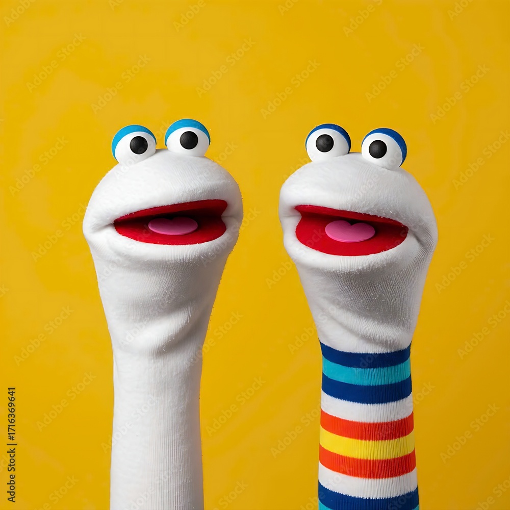 Fototapeta premium A duo of white sock puppets with expressive googly eyes and striped mouths, posing together against a bright yellow background.