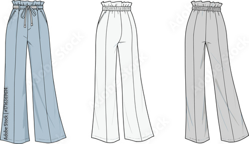 High waisted wide leg pants, fashion technical drawing, garment flat sketch, elastic waistband trousers, drawstring tie illustration, apparel design template, clothing construction reference