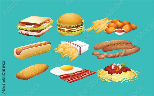 Delicious Fast Food and Meal Variety Vector Illustration