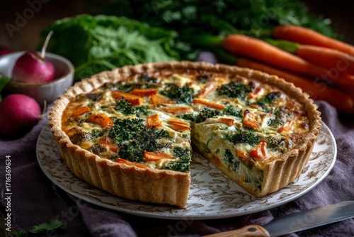 Vegetable quiche on plate with leafy greens carrots and radishes Knife nearby