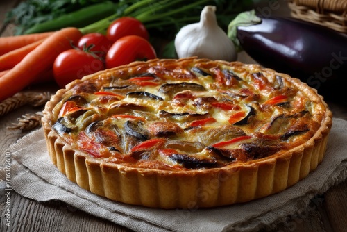 Vegetable quiche on a linen cloth surrounded by raw carrots tomatoes garlic parsley and eggplant on a wooden surface