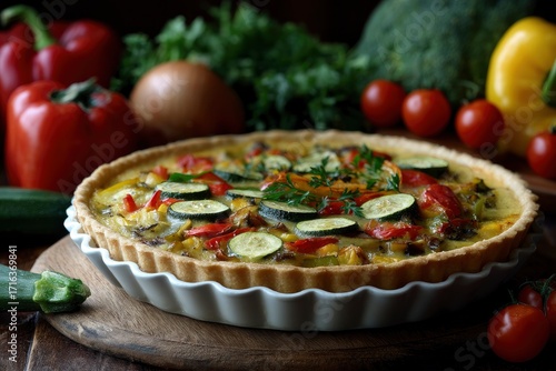 Vegetable tart in white fluted dish surrounded by veggies on wooden board
