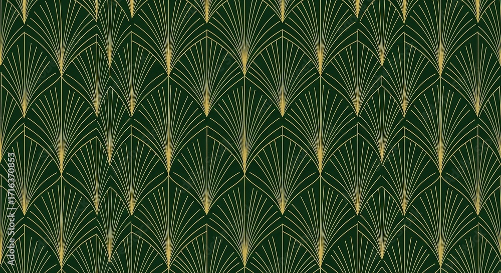Art deco seamless pattern, geometric fans and repeating arches, emerald green and shimmering gold, intricate line work, gatsby style, luxury wallpaper design, vector style