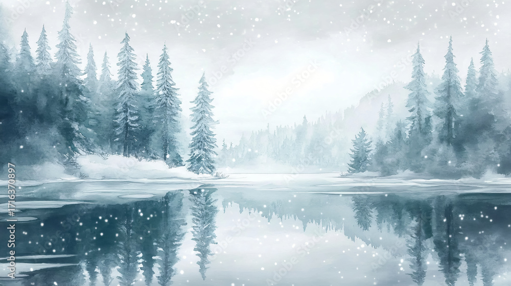 Fototapeta premium Watercolor of Serene Winter Landscape with Snowy Trees and Frozen Lake