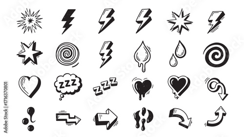 Set of 28 hand drawn icons energy power speed design elements Vector illustration Black and white Is