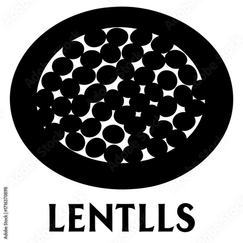 Black lentil seeds in a circle with text food ingredient
